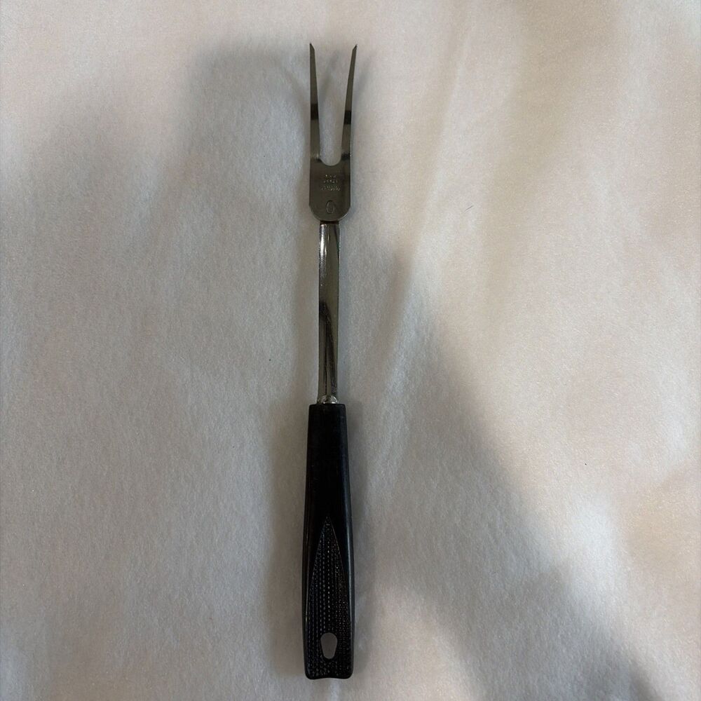 EKCO Vintage 2 Prong Carving Meat Fork Chromium Plate Black Plastic Handle USA